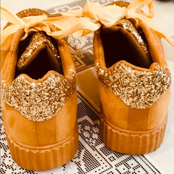FOREVER Glitter Rust & Gold Suede Tennis Shoes with Ribbon laces. - Picture 9 of 14